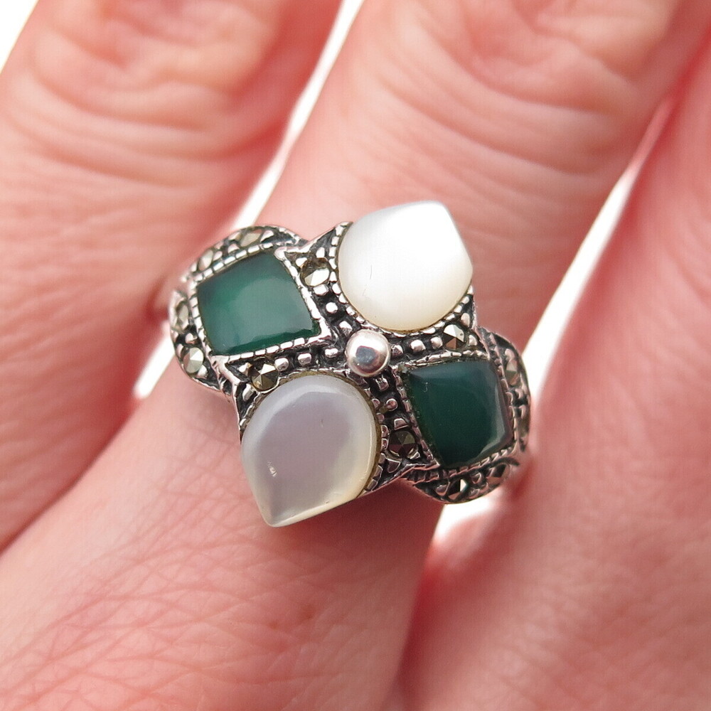 Chapal Zenray Sterling Vintage MOP Onyx Marcasite Ring Size 9 (missing 1 stone)